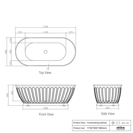 Otti Attica Kensington Matt White Freestanding Bath 1700mm