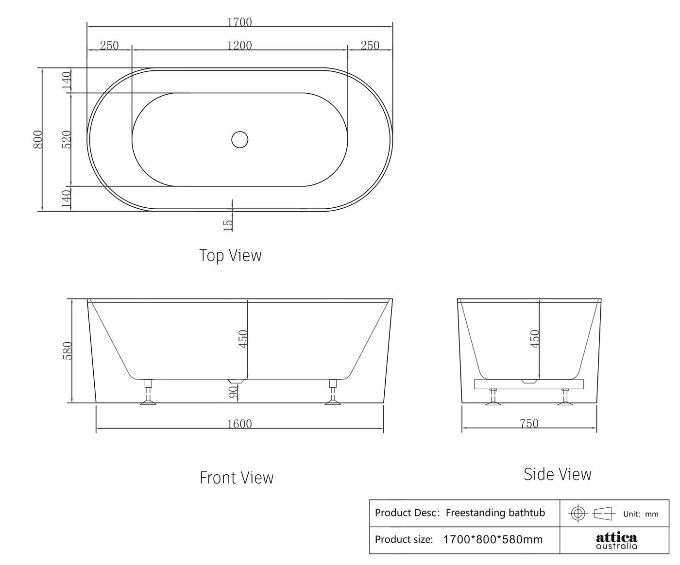 Otti Attica Noosa Gloss White Freestanding Bath 1700mm