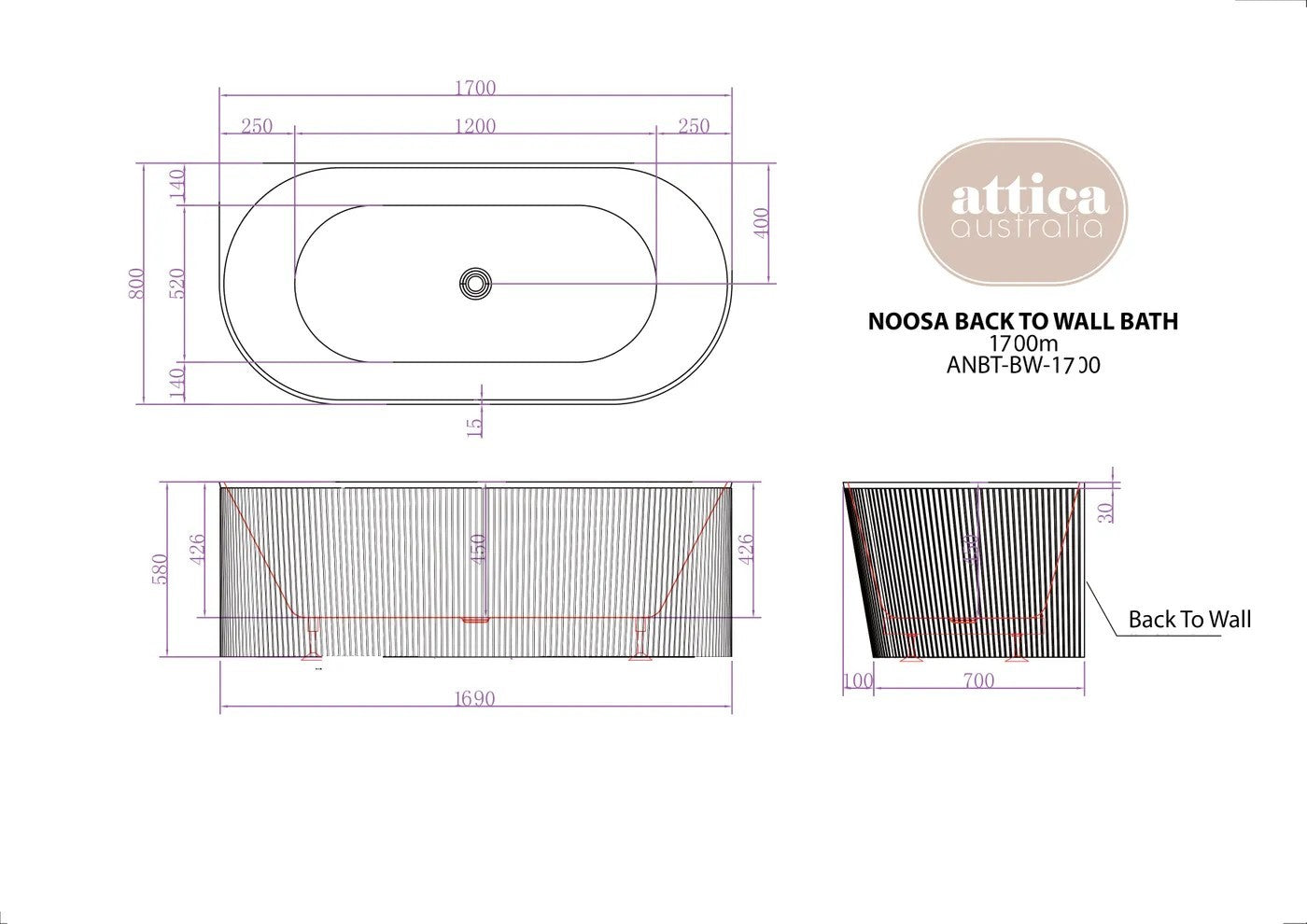 Otti Attica Noosa Matt White Back to Wall Bath 1700mm