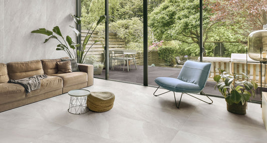 Modern bathroom and living with 600x600 Titanium stone look tile walls and floors. Melbourne, Geelong, Shepparton, Ballarat, Bendigo, Mornington, Bellarine, Peninsula tiles. Victoria and Nationwide Delivery. Australia.