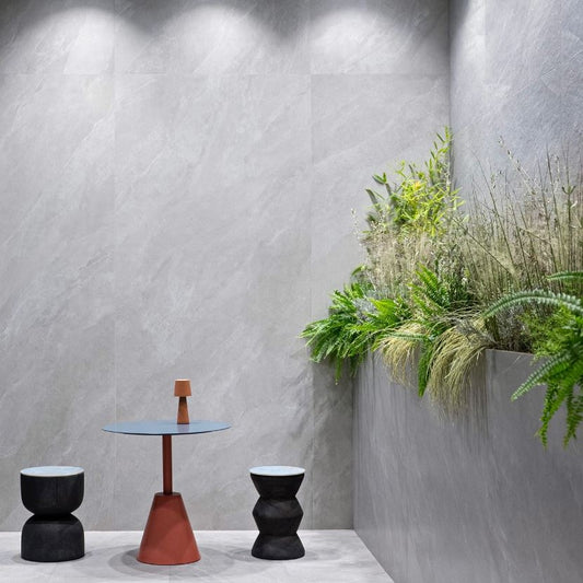 Modern bathroom and living with 600x600 Titanium stone look tile walls and floors. Melbourne, Geelong, Shepparton, Ballarat, Bendigo, Mornington, Bellarine, Peninsula tiles. Victoria and Nationwide Delivery. Australia.