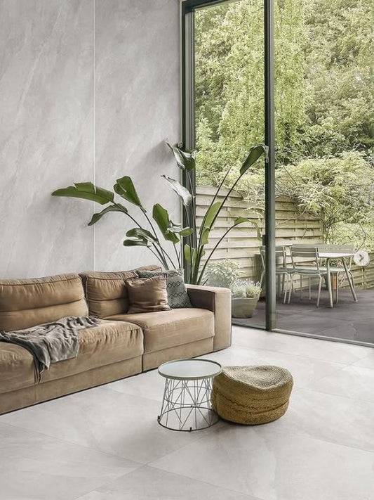 Modern bathroom and living with 600x600 Titanium stone look tile walls and floors. Melbourne, Geelong, Shepparton, Ballarat, Bendigo, Mornington, Bellarine, Peninsula tiles. Victoria and Nationwide Delivery. Australia.