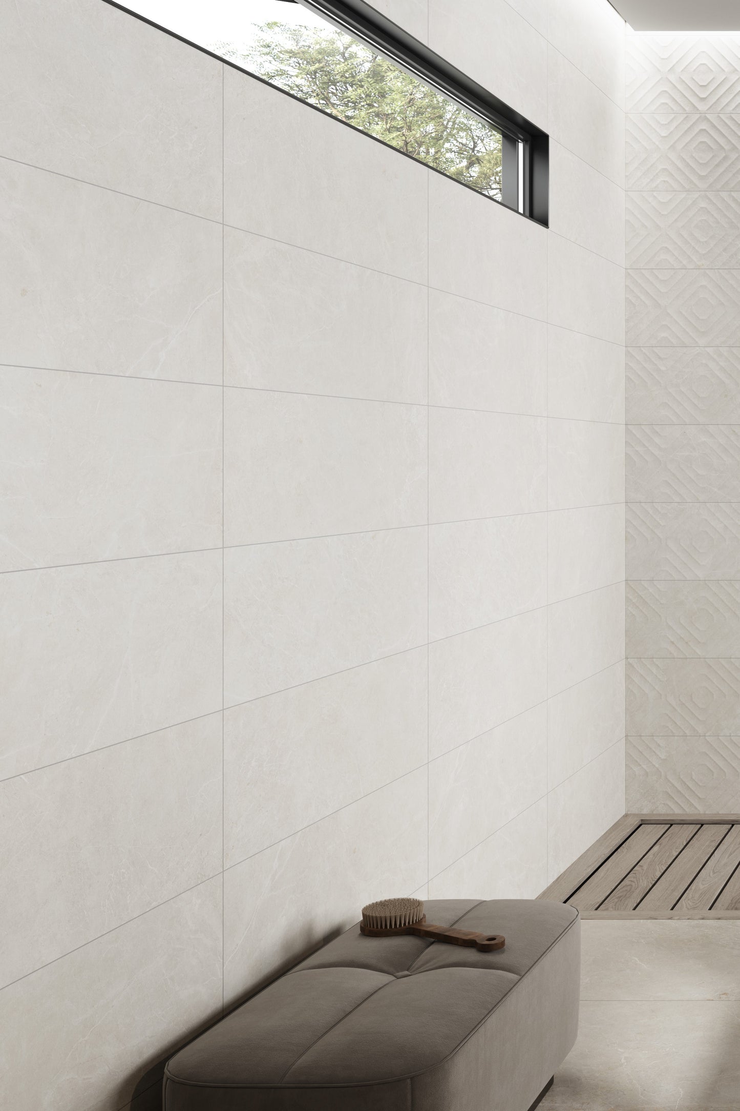 Modern bathroom with white tiled walls and a wooden bench. Modern bathroom and living with 600x600 Palermo Marble Stone Look tile walls and floors. Melbourne, Geelong, Shepparton, Ballarat, Bendigo, Mornington, Bellarine, Peninsula tiles. Victoria and Nationwide Delivery. Australia.