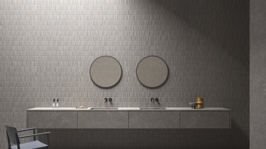Bathroom with two round mirrors on a tiled wall. Modern bathroom and living with 300x900 Palermo Tessere Marble Stone Look tile walls and floors. Melbourne, Geelong, Shepparton, Ballarat, Bendigo, Mornington, Bellarine, Peninsula tiles. Victoria and Nationwide Delivery. Australia.