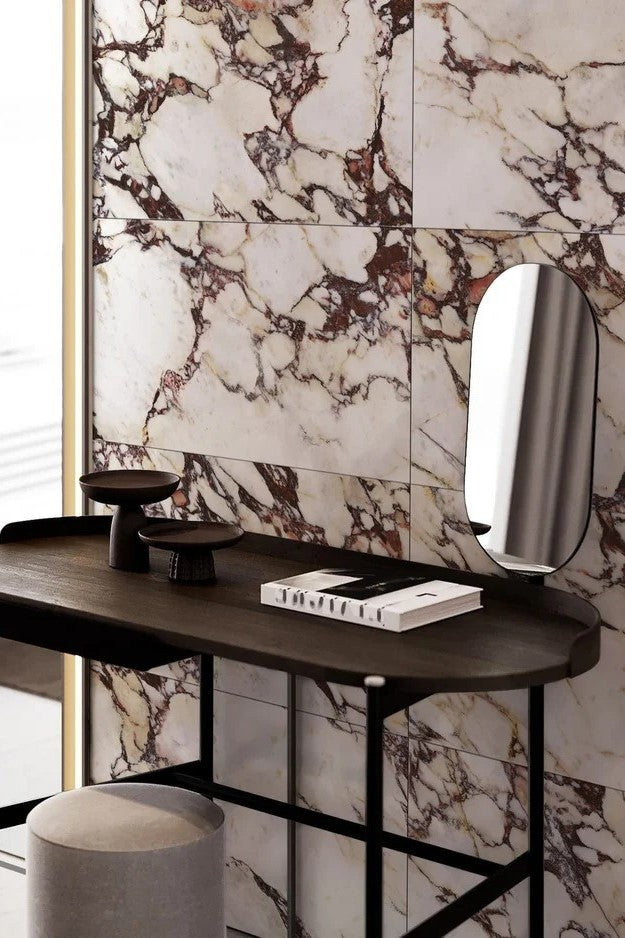 Modern bathroom and living with 600x600 and 600x1200 Calacatta Viola marble look tile walls and floors. Melbourne, Geelong, Shepparton, Ballarat, Bendigo, Mornington, Bellarine, Peninsula tiles. Victoria and Nationwide Delivery. Australia.