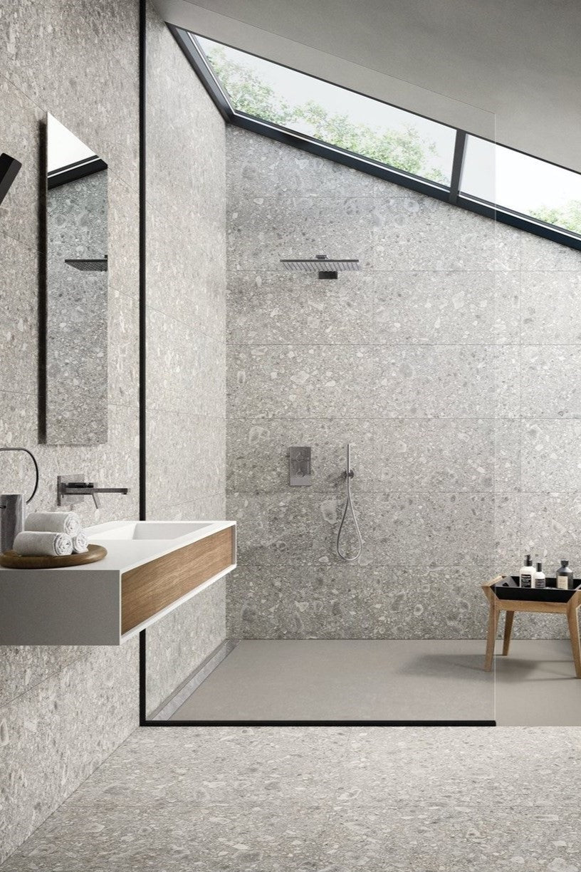 Modern bathroom with 600x600 Marazzi Mystone Ceppo Di Gre tile walls. Melbourne, Geelong, Shepparton, Ballarat, Bendigo, Mornington, Bellarine, Peninsula tiles. Victoria and Nationwide Delivery. Australia.