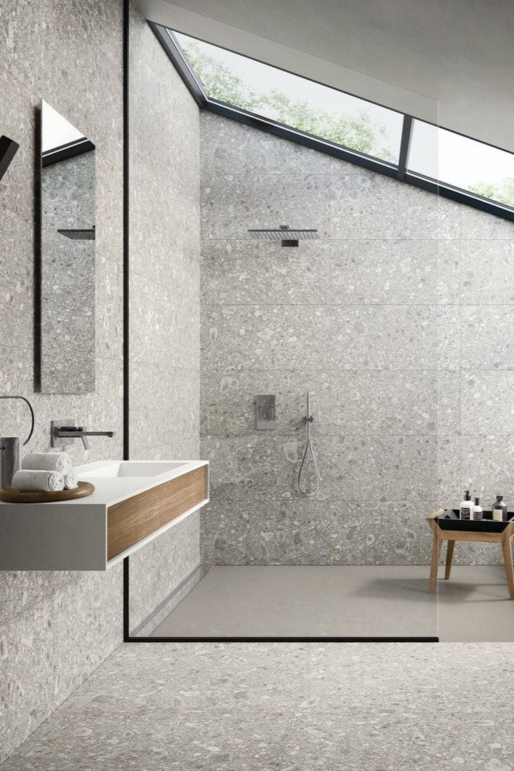 Modern bathroom with 600x600 Marazzi Mystone Ceppo Di Gre tile walls. Melbourne, Geelong, Shepparton, Ballarat, Bendigo, Mornington, Bellarine, Peninsula tiles. Victoria and Nationwide Delivery. Australia.
