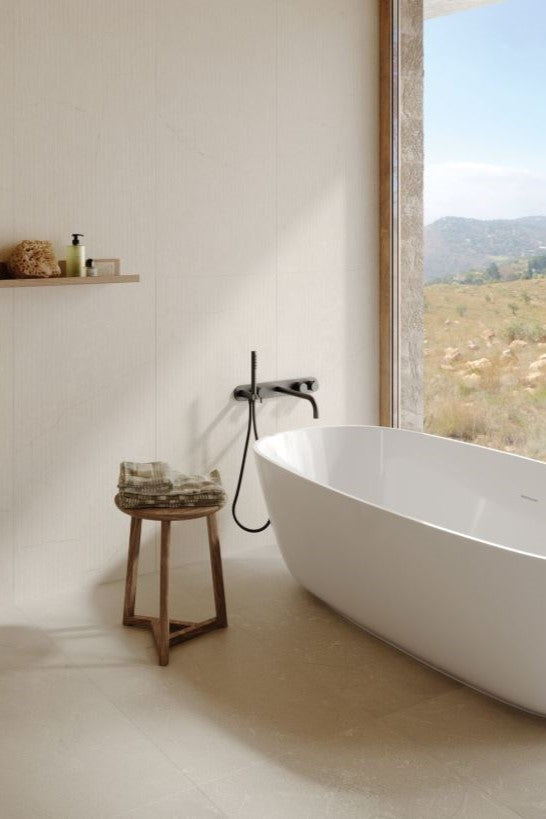 Modern bathroom and living with 600x600 Marazzi Mystone Pietra Di Sicilia tile walls. Melbourne, Geelong, Shepparton, Ballarat, Bendigo, Mornington, Bellarine, Peninsula tiles. Victoria and Nationwide Delivery. Australia.