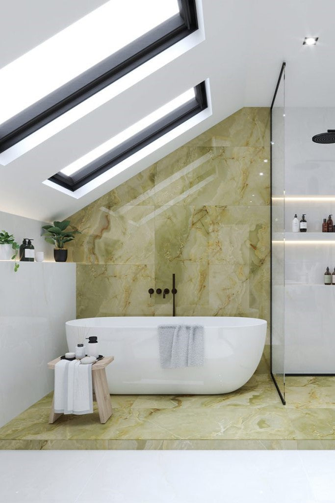 Modern bathroom with marble walls, a freestanding bathtub. 600x1200 Marazzi Onice Giada Satin Tiles. Melbourne, Geelong, Shepparton, Ballarat, Bendigo, Mornington, Bellarine, Peninsula tiles