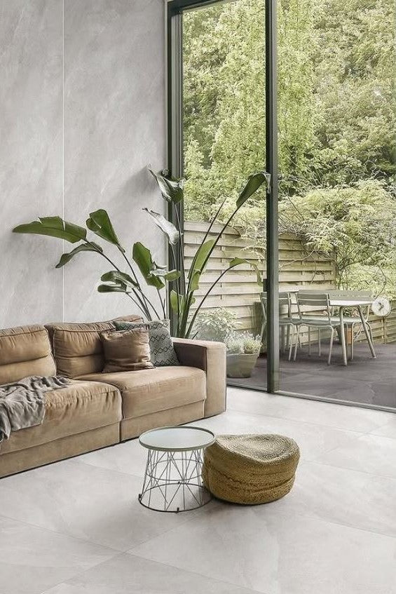 Modern bathroom and living with 600x600 Titanium stone look tile walls and floors. Melbourne, Geelong, Shepparton, Ballarat, Bendigo, Mornington, Bellarine, Peninsula tiles. Victoria and Nationwide Delivery. Australia.