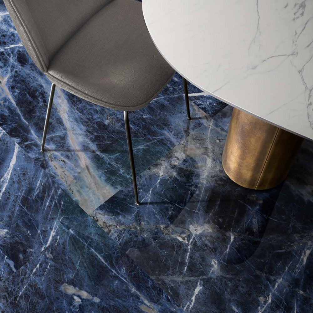 1600x3200x6 Grande Porcelain Slab Marble Look Sodalite Blue Lux (Gloss) "Bookmatch B" by Marazzi