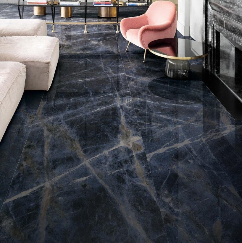 1600x3200x6 Grande Porcelain Slab Marble Look Sodalite Blue Lux (Gloss) "Bookmatch B" by Marazzi