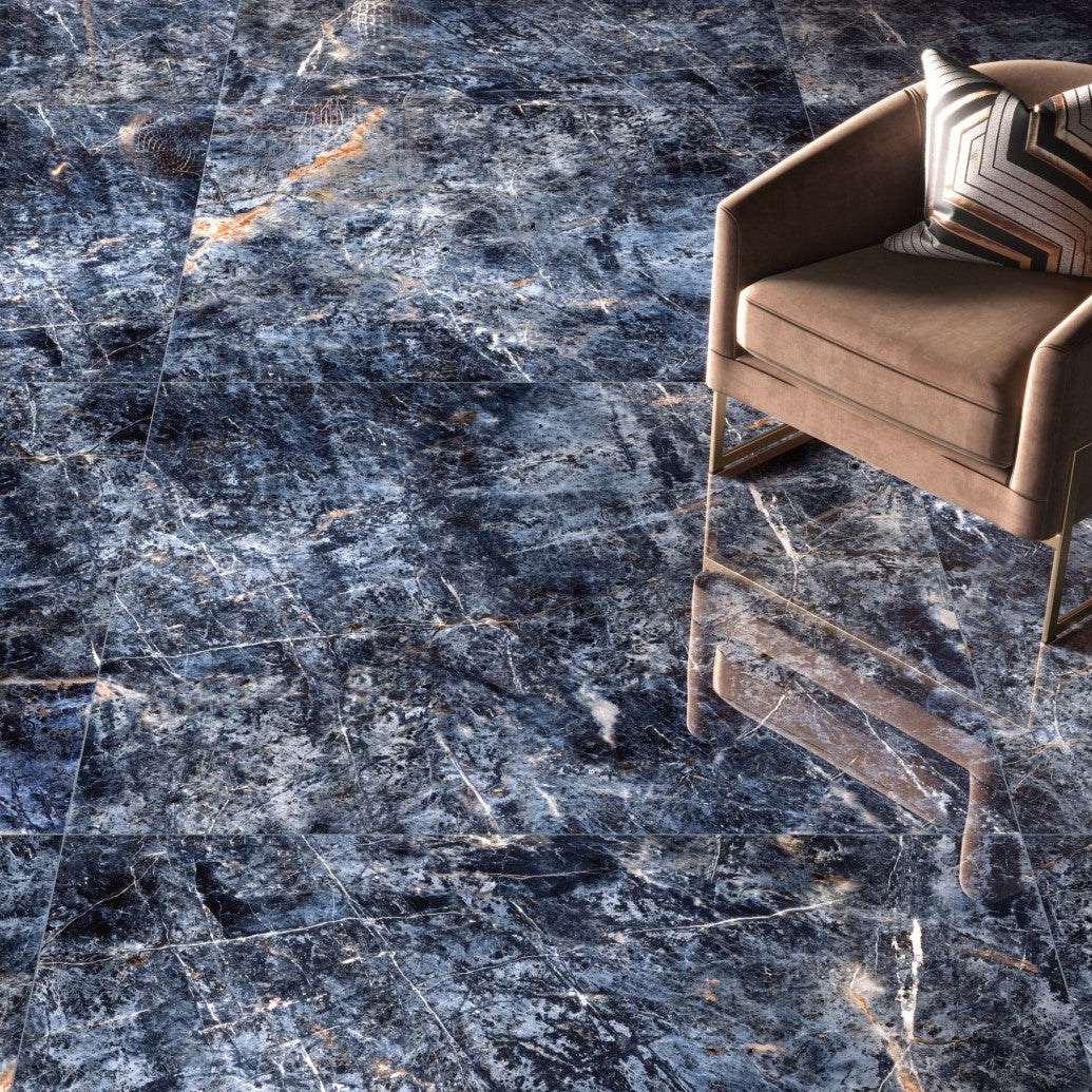 1600x3200x6 Grande Porcelain Slab Marble Look Sodalite Blue Lux (Gloss) "Bookmatch B" by Marazzi