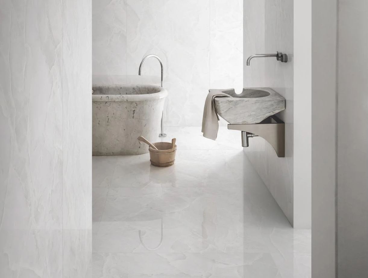 1200x2780x6 Grande Porcelain Slab Marble Look Onice Bianco Lux (Gloss) by Marazzi