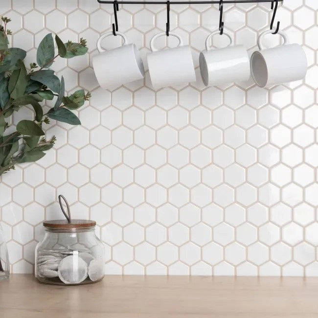 50x50 Hexagon White Gloss Mosaic Tiles