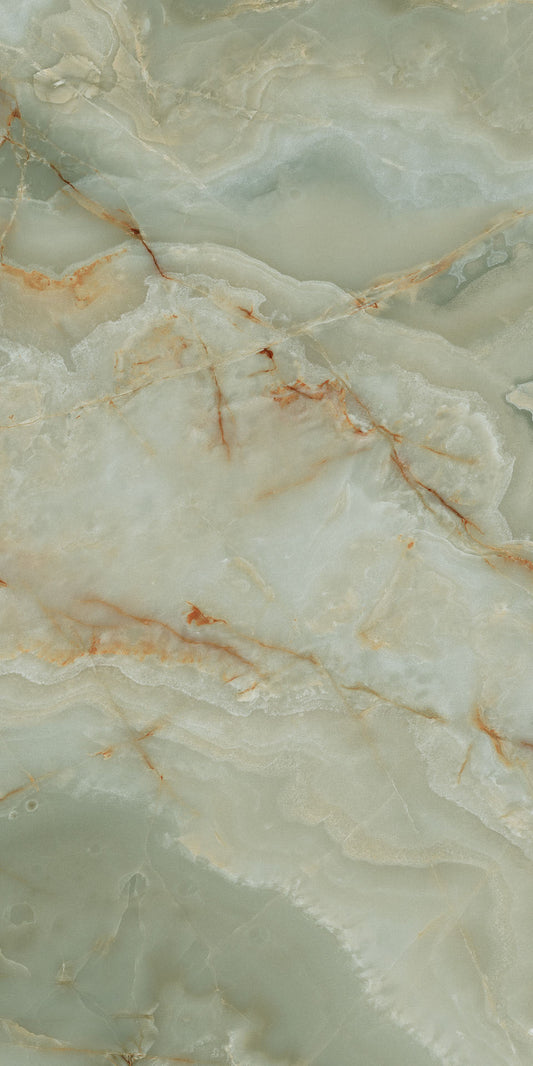 Modern bathroom with marble walls, a freestanding bathtub. 600x1200 Marazzi Onice Giada Satin Tiles. Melbourne, Geelong, Shepparton, Ballarat, Bendigo, Mornington, Bellarine, Peninsula tiles