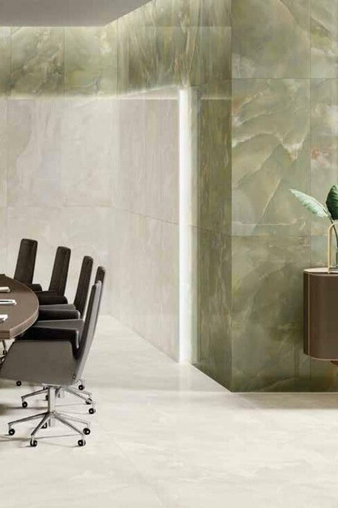 Modern bathroom with marble walls, a freestanding bathtub. 600x1200 Marazzi Onice Giada Satin Tiles. Melbourne, Geelong, Shepparton, Ballarat, Bendigo, Mornington, Bellarine, Peninsula tiles