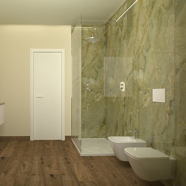 Modern bathroom with marble walls, a freestanding bathtub. 600x1200 Marazzi Onice Giada Satin Tiles. Melbourne, Geelong, Shepparton, Ballarat, Bendigo, Mornington, Bellarine, Peninsula tiles