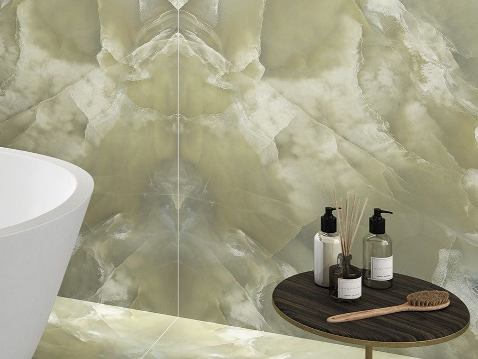 Modern bathroom with marble walls, a freestanding bathtub. 600x1200 Marazzi Onice Giada Satin Tiles. Melbourne, Geelong, Shepparton, Ballarat, Bendigo, Mornington, Bellarine, Peninsula tiles