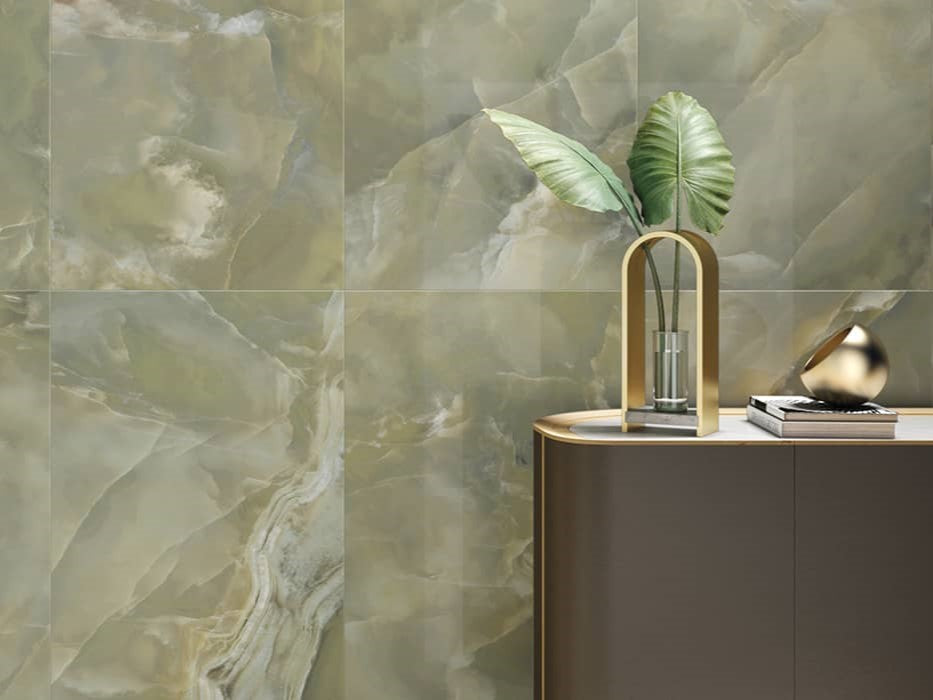 Modern bathroom with marble walls, a freestanding bathtub. 600x1200 Marazzi Onice Giada Satin Tiles. Melbourne, Geelong, Shepparton, Ballarat, Bendigo, Mornington, Bellarine, Peninsula tiles