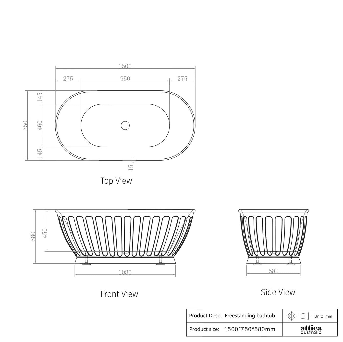 Otti Attica Kensington Gloss White Freestanding Bath 1500mm