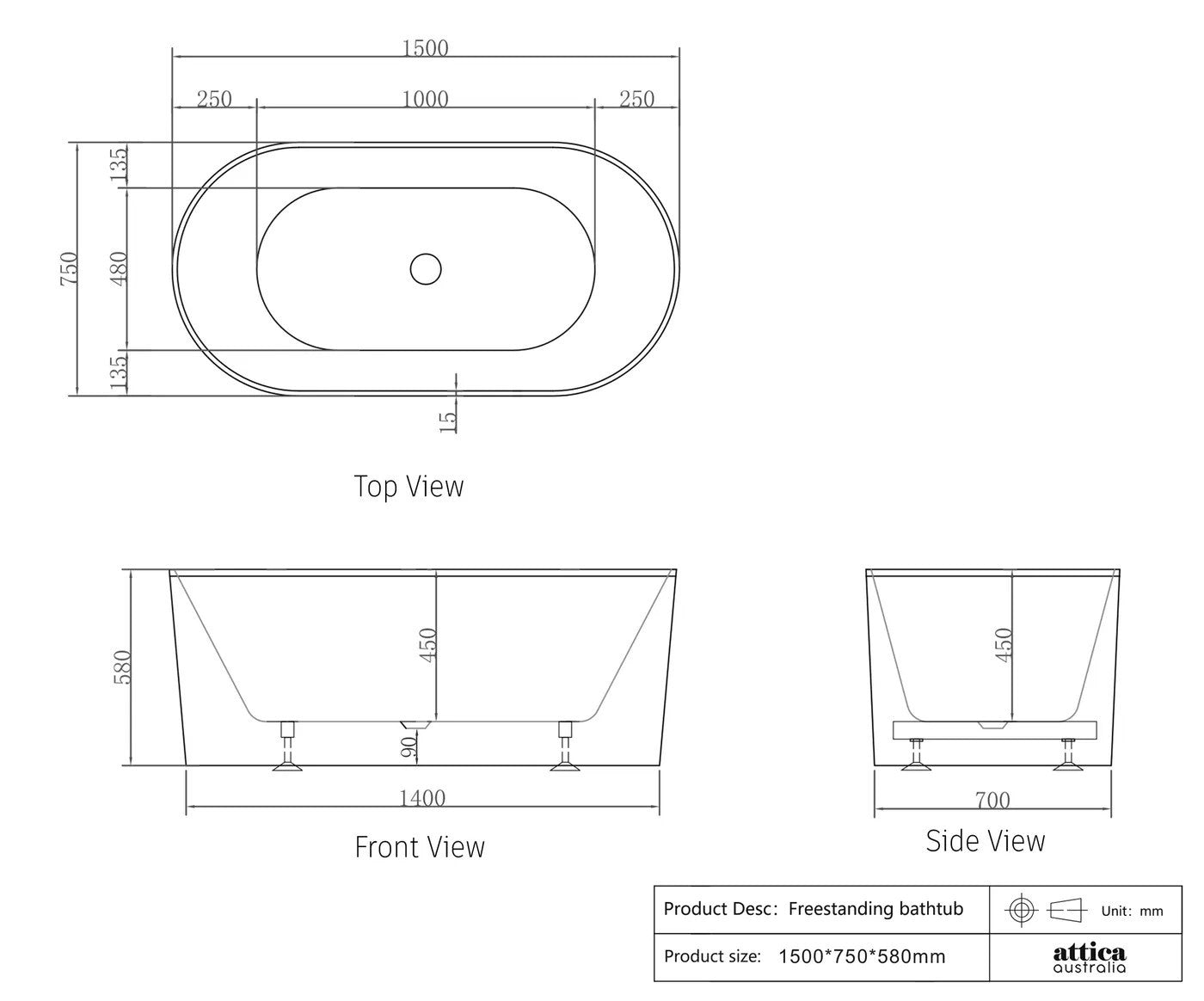Otti Attica Noosa Gloss White Freestanding Bath 1500mm