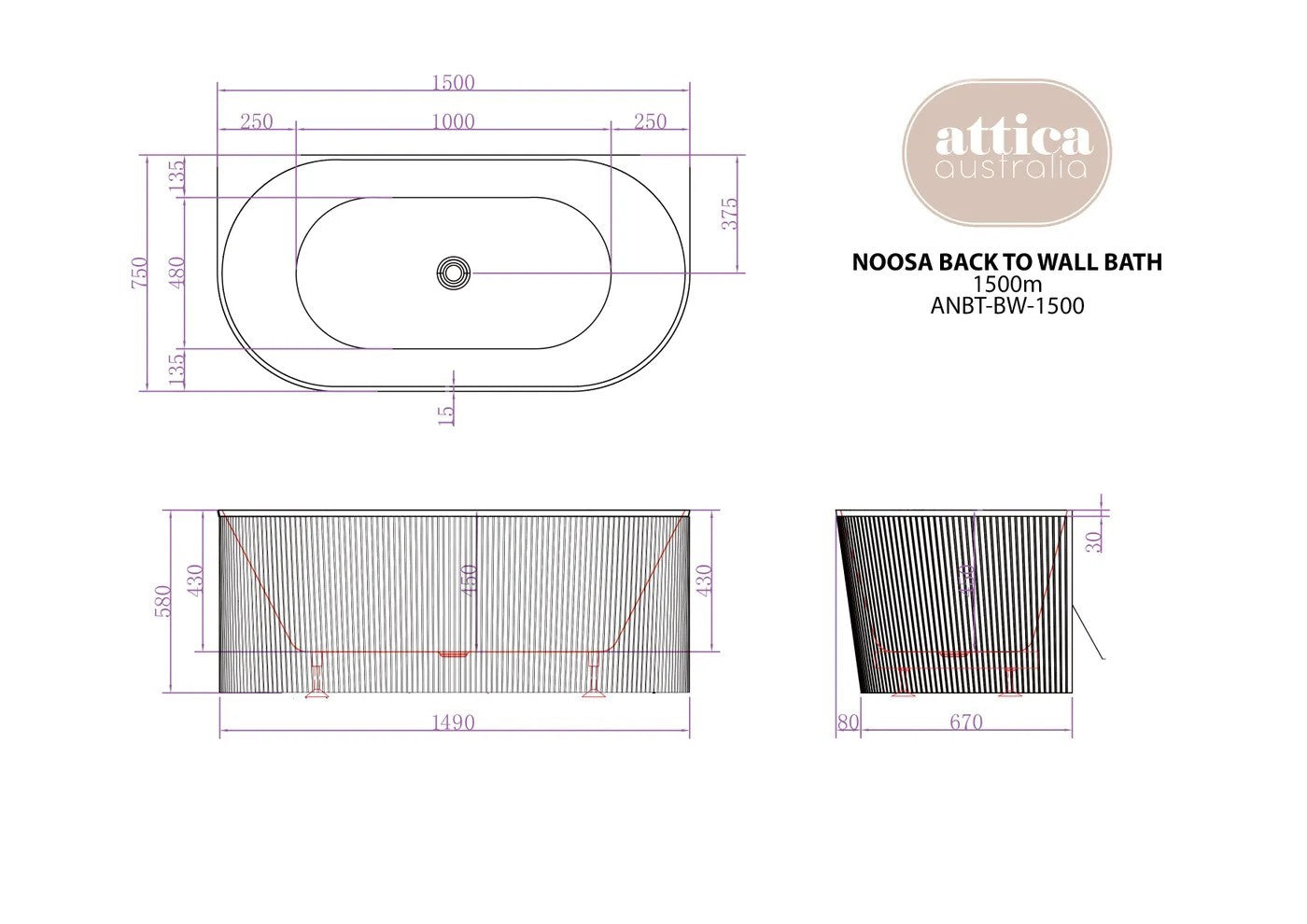 Otti Attica Noosa Matt White Back to Wall Bath 1500mm