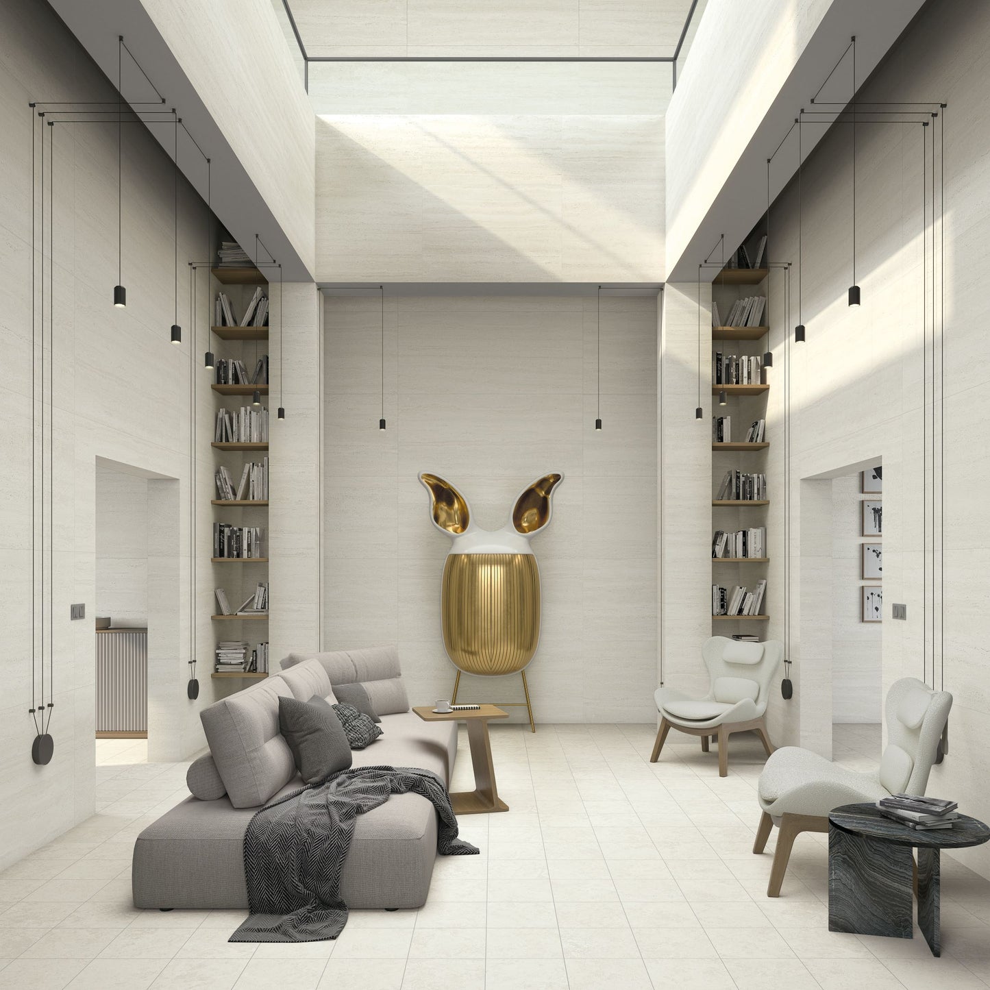 Modern living room with gray sofa, bookshelves, and decorative elements. Modern living with Parisian Collection travertine look tile walls and floors. Melbourne, Geelong, Shepparton, Ballarat, Bendigo, Mornington, Horsham, Lara, Sunbury, Melton, Bellarine, Peninsula, Warrnambool tiles. Victoria and Nationwide Delivery. Australia.