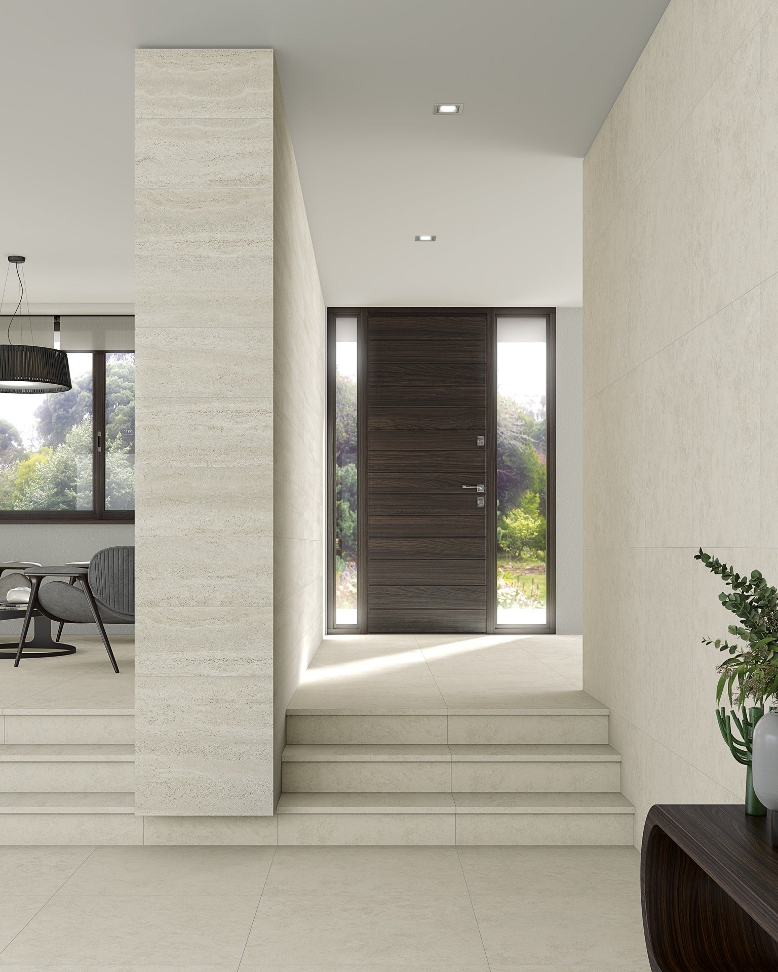 Modern interior with a staircase leading to a glass door. Modern living with Parisian Collection travertine look tile walls and floors. Melbourne, Geelong, Shepparton, Ballarat, Bendigo, Mornington, Horsham, Lara, Sunbury, Melton, Bellarine, Peninsula, Warrnambool tiles. Victoria and Nationwide Delivery. Australia.
