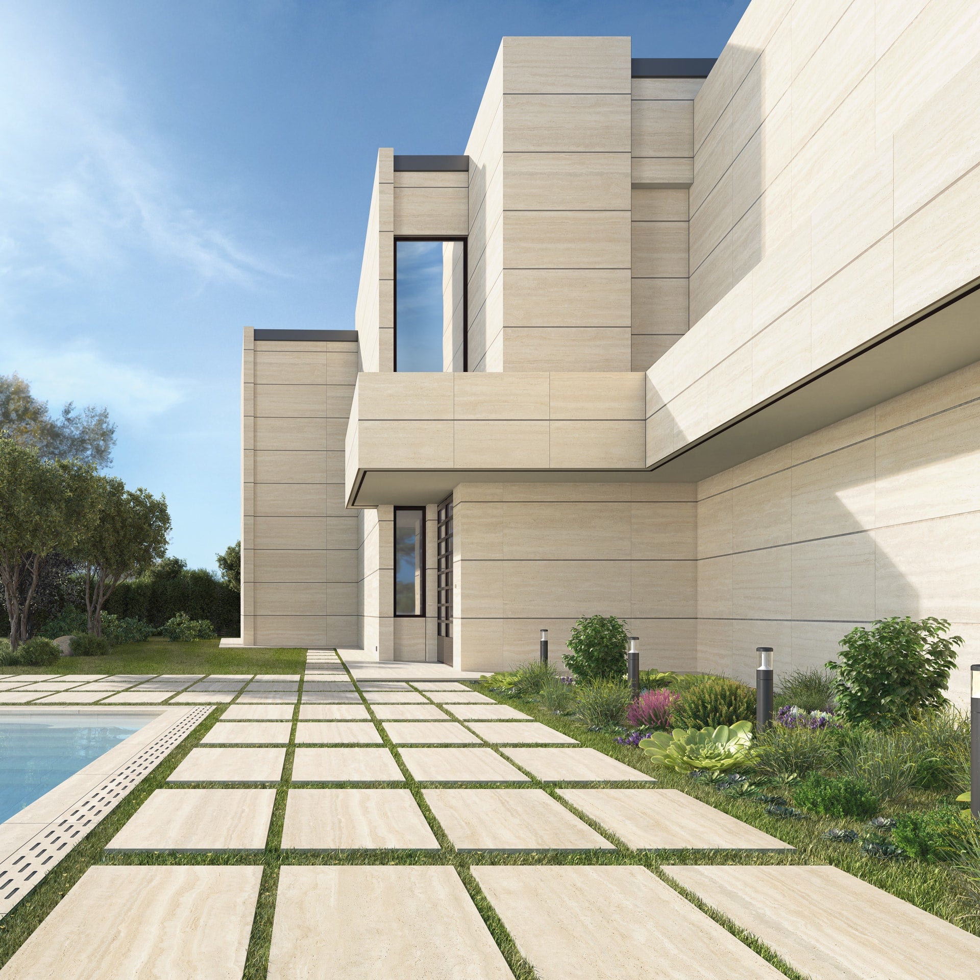 Modern house with a paved pathway leading to the entrance. Modern bathroom and living with 600x1200 Travertine look tile walls and floors. Melbourne, Geelong, Shepparton, Ballarat, Bendigo, Mornington, Bellarine, Peninsula tiles. Victoria and Nationwide Delivery. Australia. Parisian. Vives. Attico. Comedor. Paris.