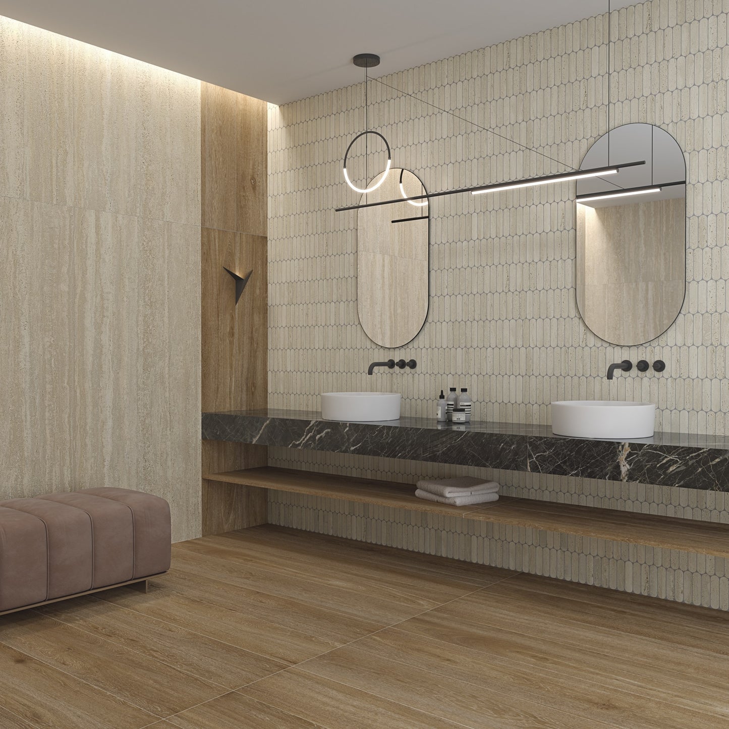 Modern bathroom with double sink vanity, mirrors, and a bench. Modern bathroom and living with 600x1200 Travertine look tile walls and floors. Melbourne, Geelong, Shepparton, Ballarat, Bendigo, Mornington, Bellarine, Peninsula tiles. Victoria and Nationwide Delivery. Australia. Parisian. Vives. Attico. Comedor. Paris.