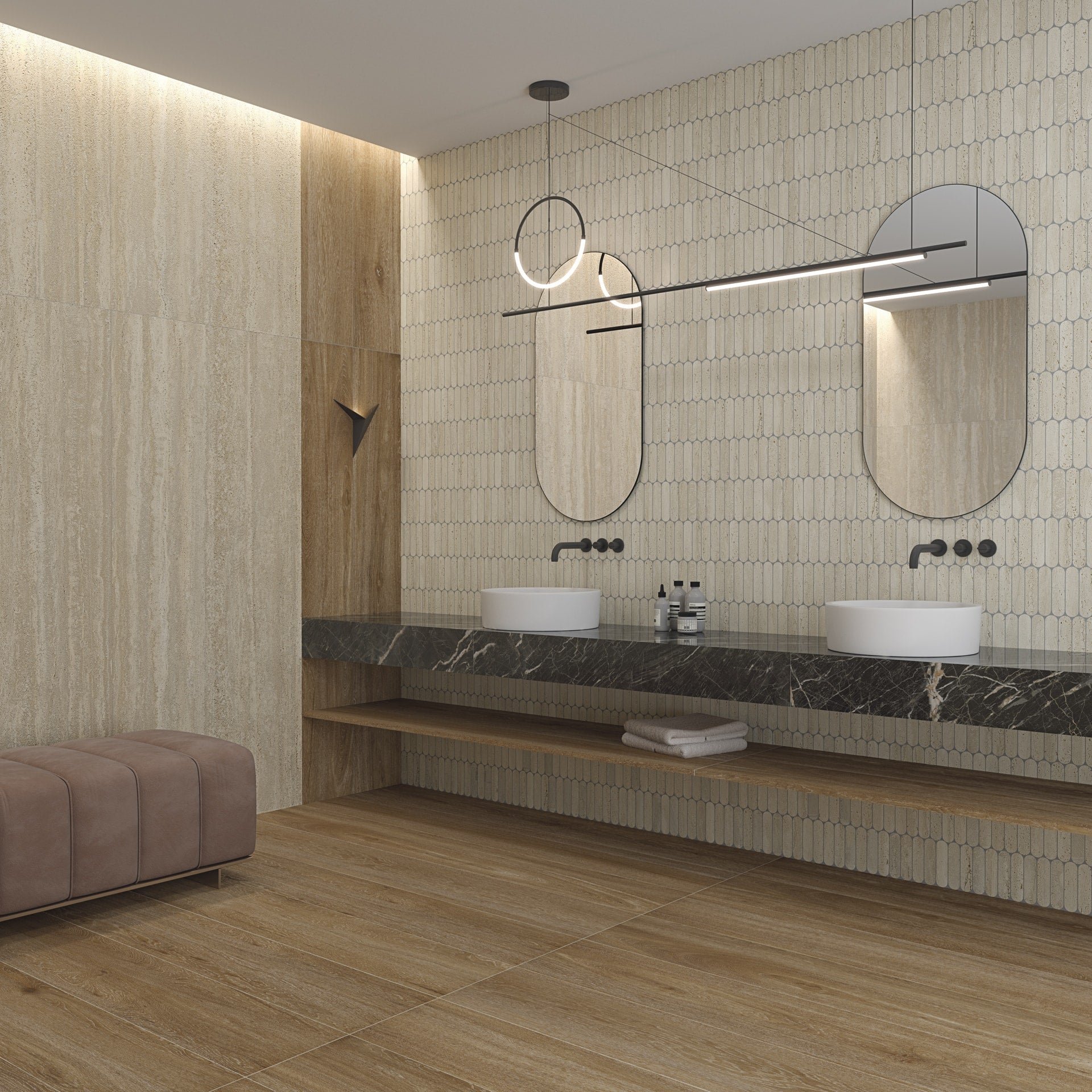 Modern bathroom with double sink vanity, mirrors, and a bench. Modern bathroom and living with 600x1200 Travertine look tile walls and floors. Melbourne, Geelong, Shepparton, Ballarat, Bendigo, Mornington, Bellarine, Peninsula tiles. Victoria and Nationwide Delivery. Australia. Parisian. Vives. Attico. Comedor. Paris.