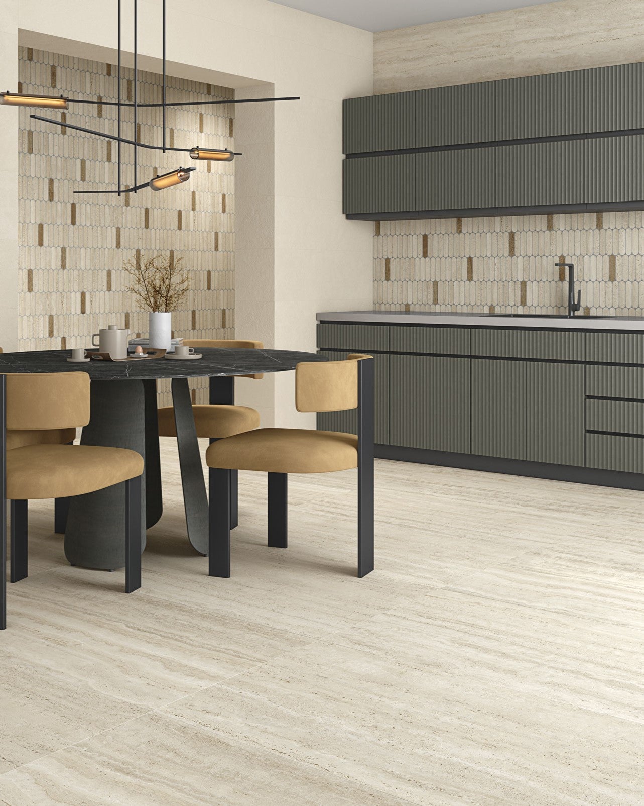 Modern kitchen with a dining table and chairs, featuring a neutral color palette. Modern bathroom and living with 600x1200 Travertine look tile walls and floors. Melbourne, Geelong, Shepparton, Ballarat, Bendigo, Mornington, Bellarine, Peninsula tiles. Victoria and Nationwide Delivery. Australia. Parisian. Vives. Attico. Comedor. Paris.