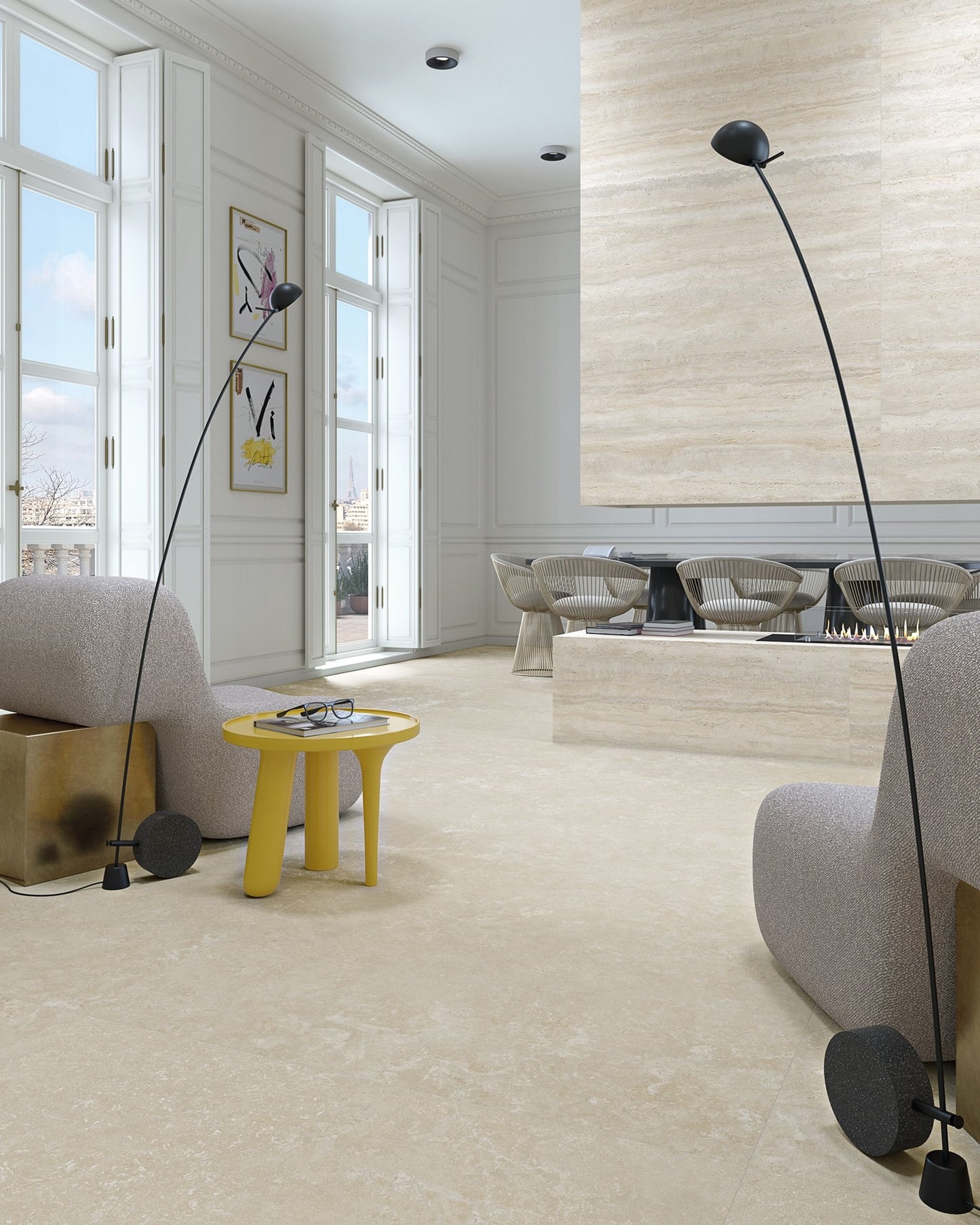 Modern living room with light-colored flooring, furniture, and decor. Modern bathroom and living with 600x1200 Travertine look tile walls and floors. Melbourne, Geelong, Shepparton, Ballarat, Bendigo, Mornington, Bellarine, Peninsula tiles. Victoria and Nationwide Delivery. Australia. Parisian. Vives. Attico. Comedor. Paris.