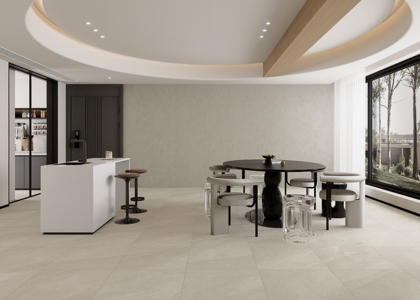 Modern interior with a round dining table and chairs in a well-lit room. Modern bathroom and living with 600x600 Pietra Stone Look Matt Tiles. Melbourne, Geelong, Shepparton, Ballarat, Bendigo, Mornington, Bellarine, Peninsula, Melton, Lara, Sunbury, Warrnambool, Horsham tiles. Victoria and Nationwide Delivery. Australia.