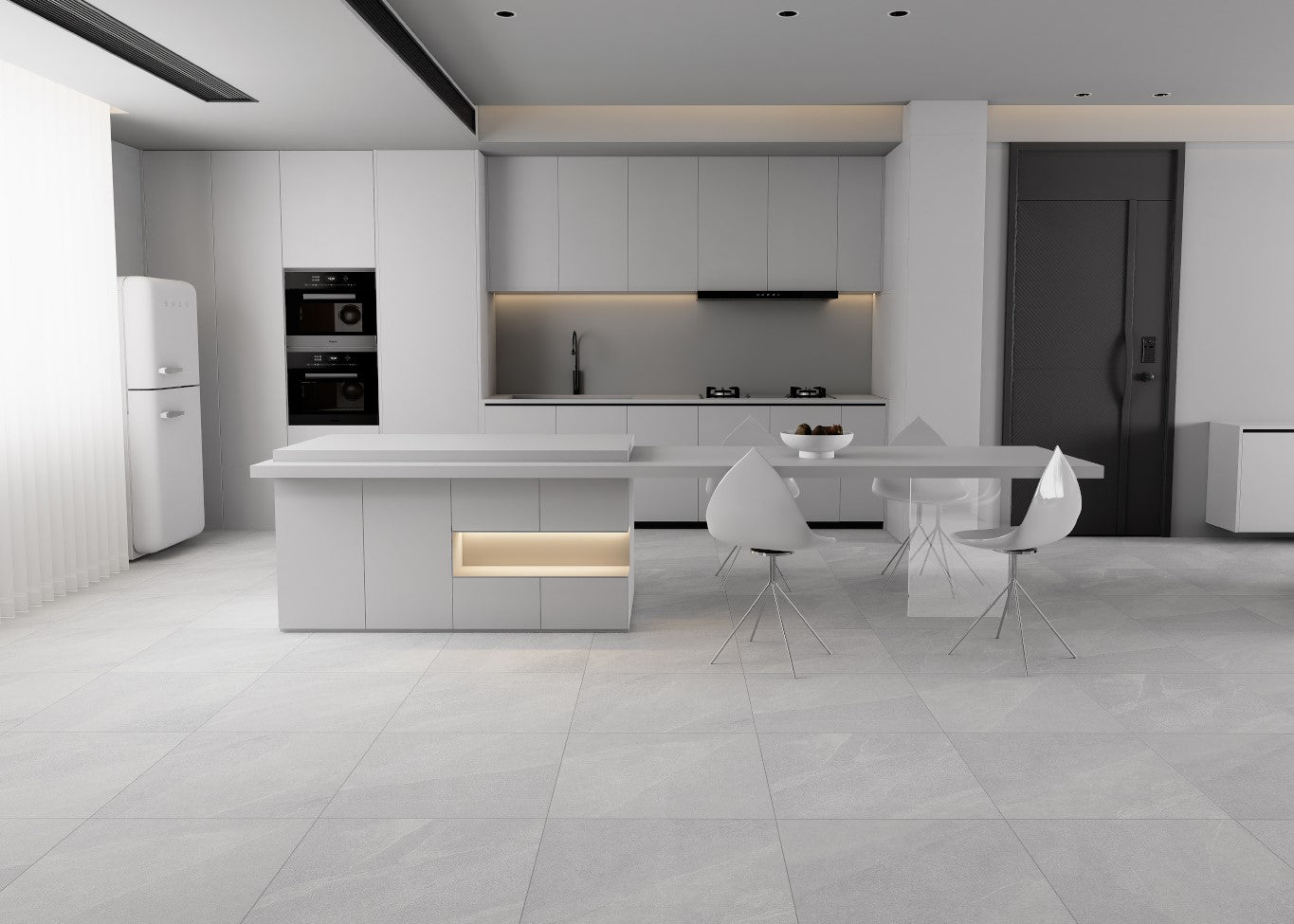 Modern kitchen with white cabinetry and appliances in a minimalistic design. Modern bathroom and living with 600x600 Pietra Stone Look Matt Tiles. Melbourne, Geelong, Shepparton, Ballarat, Bendigo, Mornington, Bellarine, Peninsula, Melton, Lara, Sunbury, Warrnambool, Horsham tiles. Victoria and Nationwide Delivery. Australia.