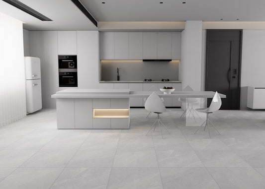 Modern kitchen with white cabinetry and appliances in a minimalistic design. Modern bathroom and living with 600x600 Pietra Stone Look Matt Tiles. Melbourne, Geelong, Shepparton, Ballarat, Bendigo, Mornington, Bellarine, Peninsula, Melton, Lara, Sunbury, Warrnambool, Horsham tiles. Victoria and Nationwide Delivery. Australia.