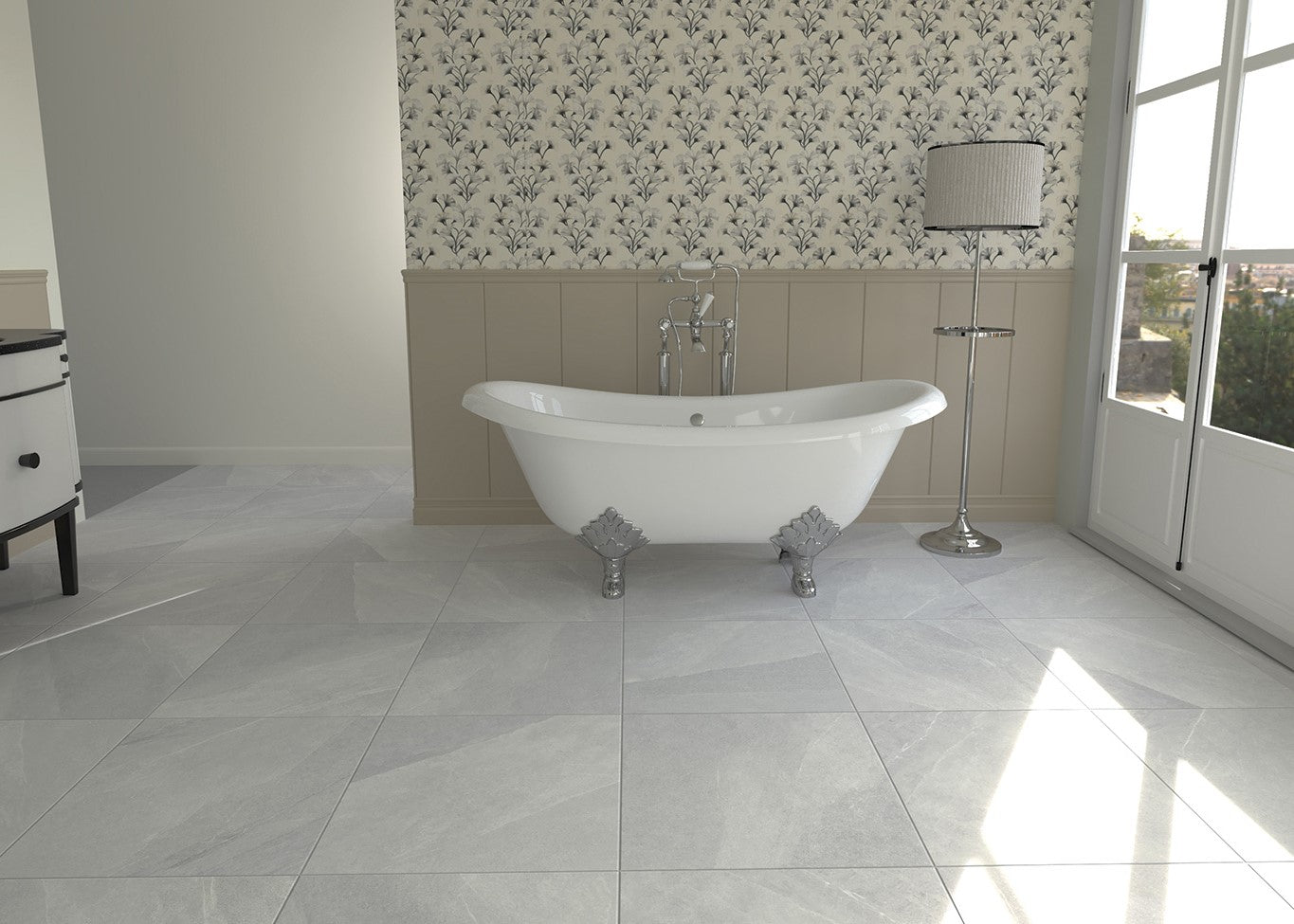 Bathroom with a freestanding bathtub against a floral wallpapered wall. Modern bathroom and living with 600x600 Pietra Stone Look Matt Tiles. Melbourne, Geelong, Shepparton, Ballarat, Bendigo, Mornington, Bellarine, Peninsula, Melton, Lara, Sunbury, Warrnambool, Horsham tiles. Victoria and Nationwide Delivery. Australia.