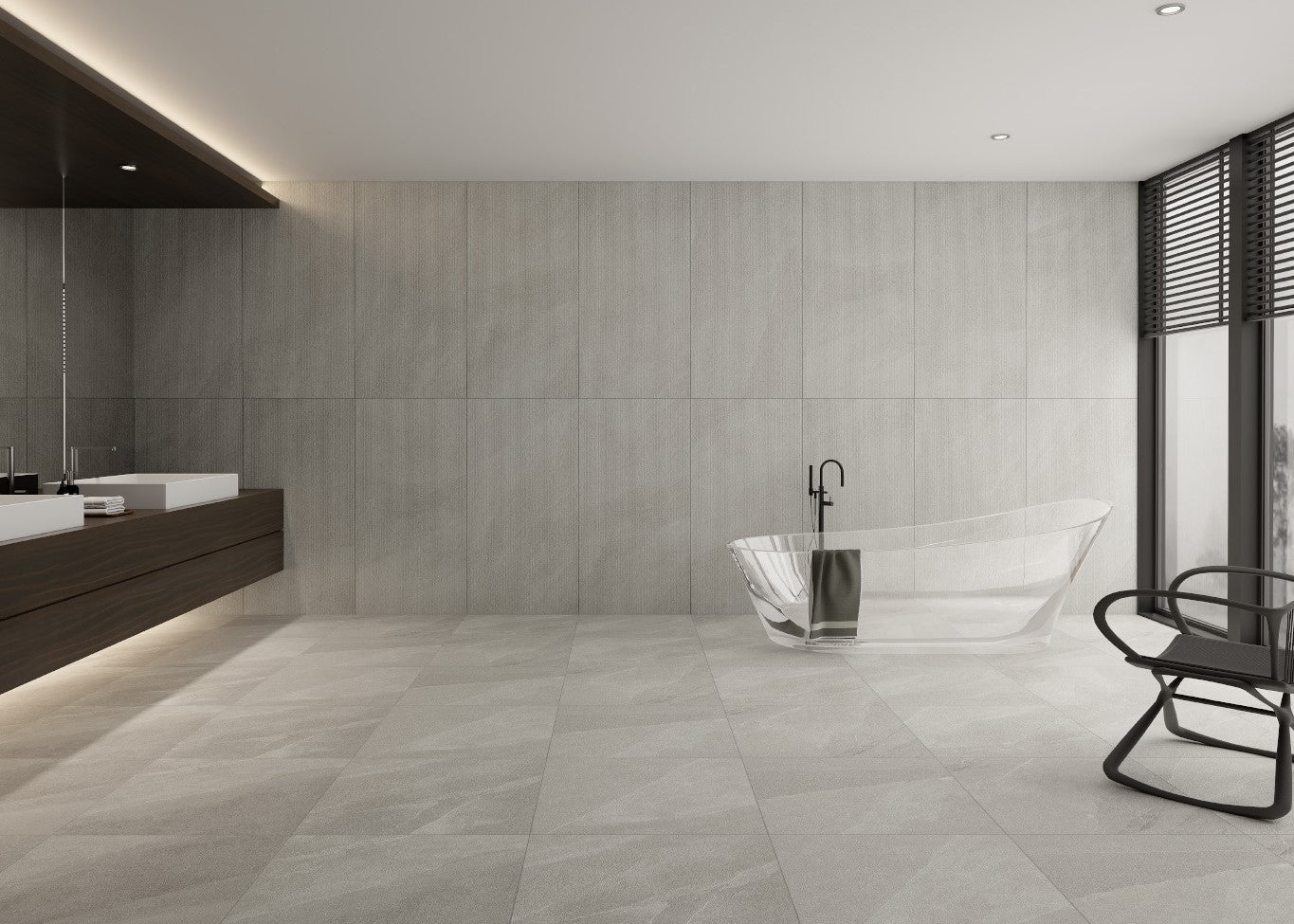 Modern bathroom with gray tiles, a freestanding bathtub, and a chair. Modern bathroom and living with 600x600 Pietra Stone Look Matt Tiles. Melbourne, Geelong, Shepparton, Ballarat, Bendigo, Mornington, Bellarine, Peninsula, Melton, Lara, Sunbury, Warrnambool, Horsham tiles. Victoria and Nationwide Delivery. Australia.