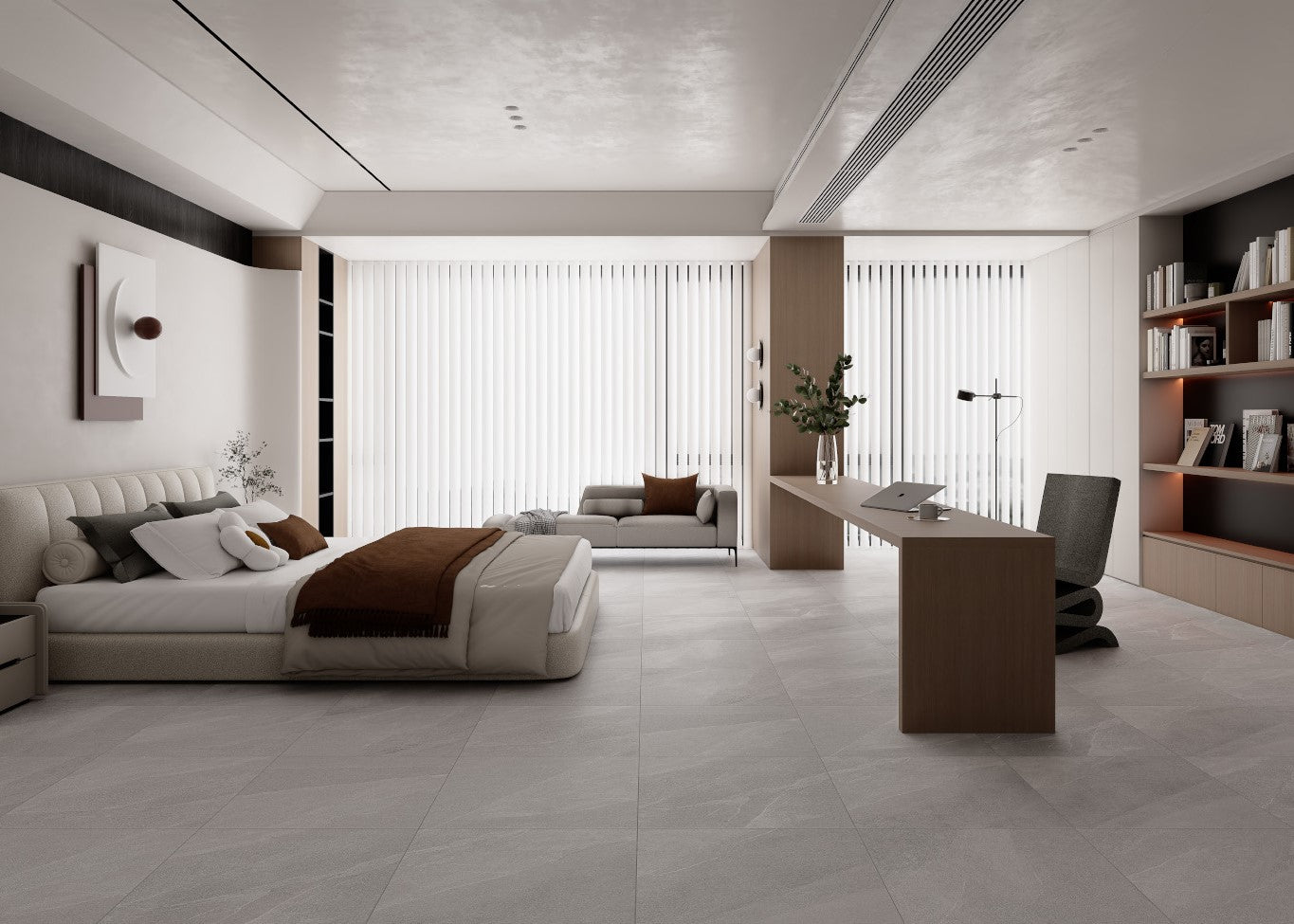 Modern bedroom with a large bed, desk, and bookshelf. Modern bathroom and living with 600x600 Pietra Stone Look Matt Tiles. Melbourne, Geelong, Shepparton, Ballarat, Bendigo, Mornington, Bellarine, Peninsula, Melton, Lara, Sunbury, Warrnambool, Horsham tiles. Victoria and Nationwide Delivery. Australia.