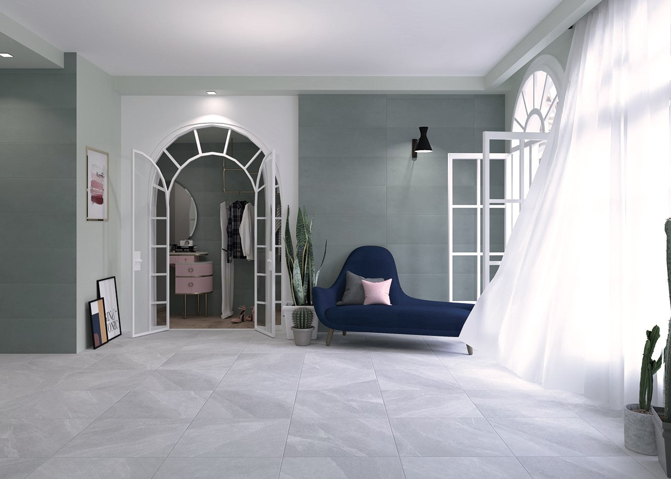 Modern living room with a blue sofa, white walls, and decorative elements. Modern bathroom and living with 600x600 Pietra Stone Look Matt Tiles. Melbourne, Geelong, Shepparton, Ballarat, Bendigo, Mornington, Bellarine, Peninsula, Melton, Lara, Sunbury, Warrnambool, Horsham tiles. Victoria and Nationwide Delivery. Australia.