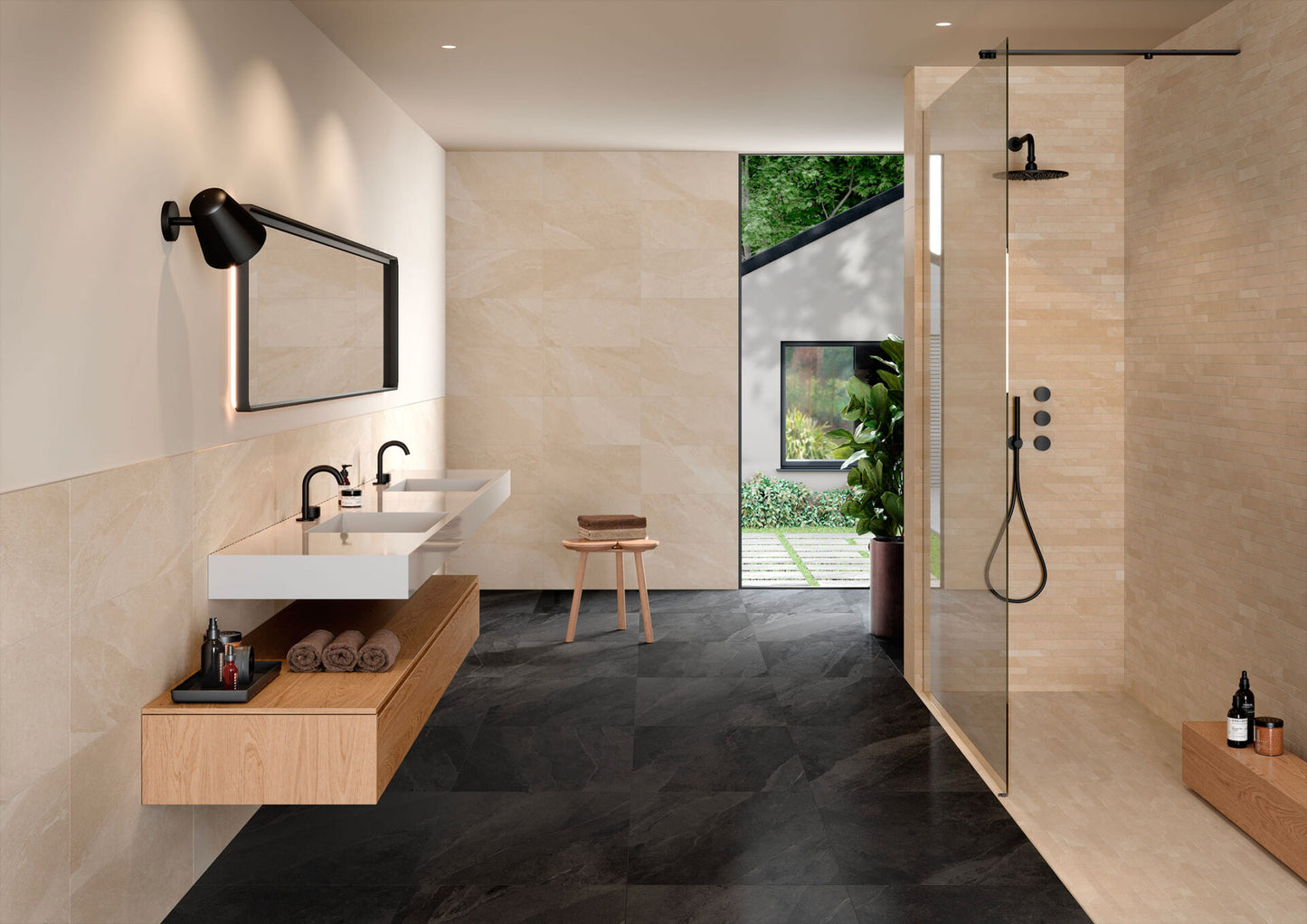 Modern bathroom and living with 600x600 Titanium stone look tile walls and floors. Melbourne, Geelong, Shepparton, Ballarat, Bendigo, Mornington, Bellarine, Peninsula tiles. Victoria and Nationwide Delivery. Australia.