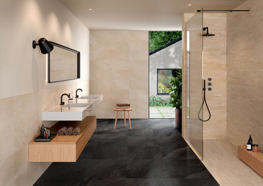 Modern bathroom and living with 600x600 Titanium stone look tile walls and floors. Melbourne, Geelong, Shepparton, Ballarat, Bendigo, Mornington, Bellarine, Peninsula tiles. Victoria and Nationwide Delivery. Australia.