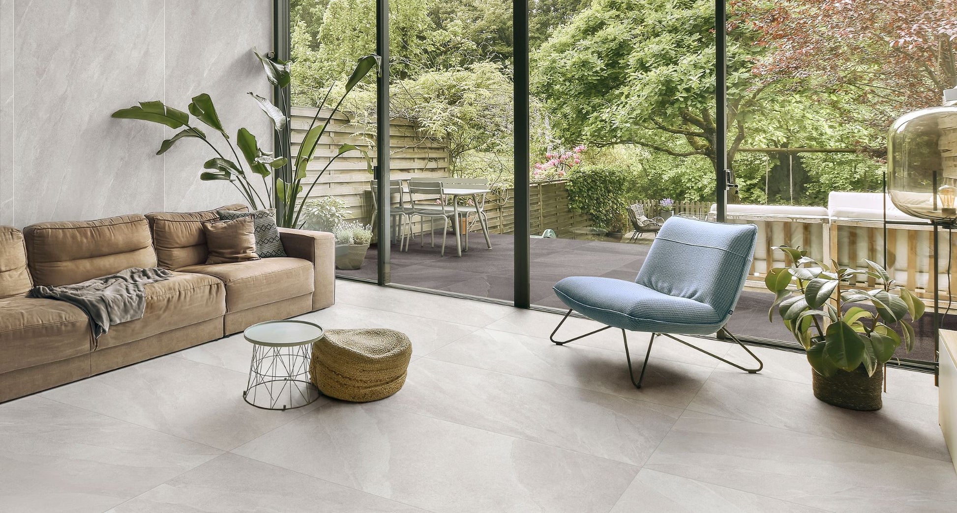 Modern bathroom and living with 600x600 Titanium stone look tile walls and floors. Melbourne, Geelong, Shepparton, Ballarat, Bendigo, Mornington, Bellarine, Peninsula tiles. Victoria and Nationwide Delivery. Australia.
