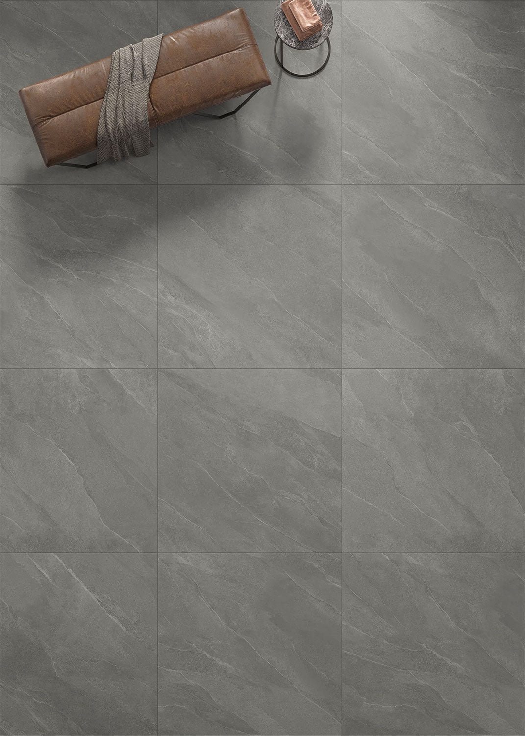 Modern bathroom and living with 600x600 Titanium stone look tile walls and floors. Melbourne, Geelong, Shepparton, Ballarat, Bendigo, Mornington, Bellarine, Peninsula tiles. Victoria and Nationwide Delivery. Australia.