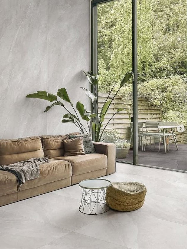 Modern bathroom and living with 600x600 Titanium stone look tile walls and floors. Melbourne, Geelong, Shepparton, Ballarat, Bendigo, Mornington, Bellarine, Peninsula tiles. Victoria and Nationwide Delivery. Australia.