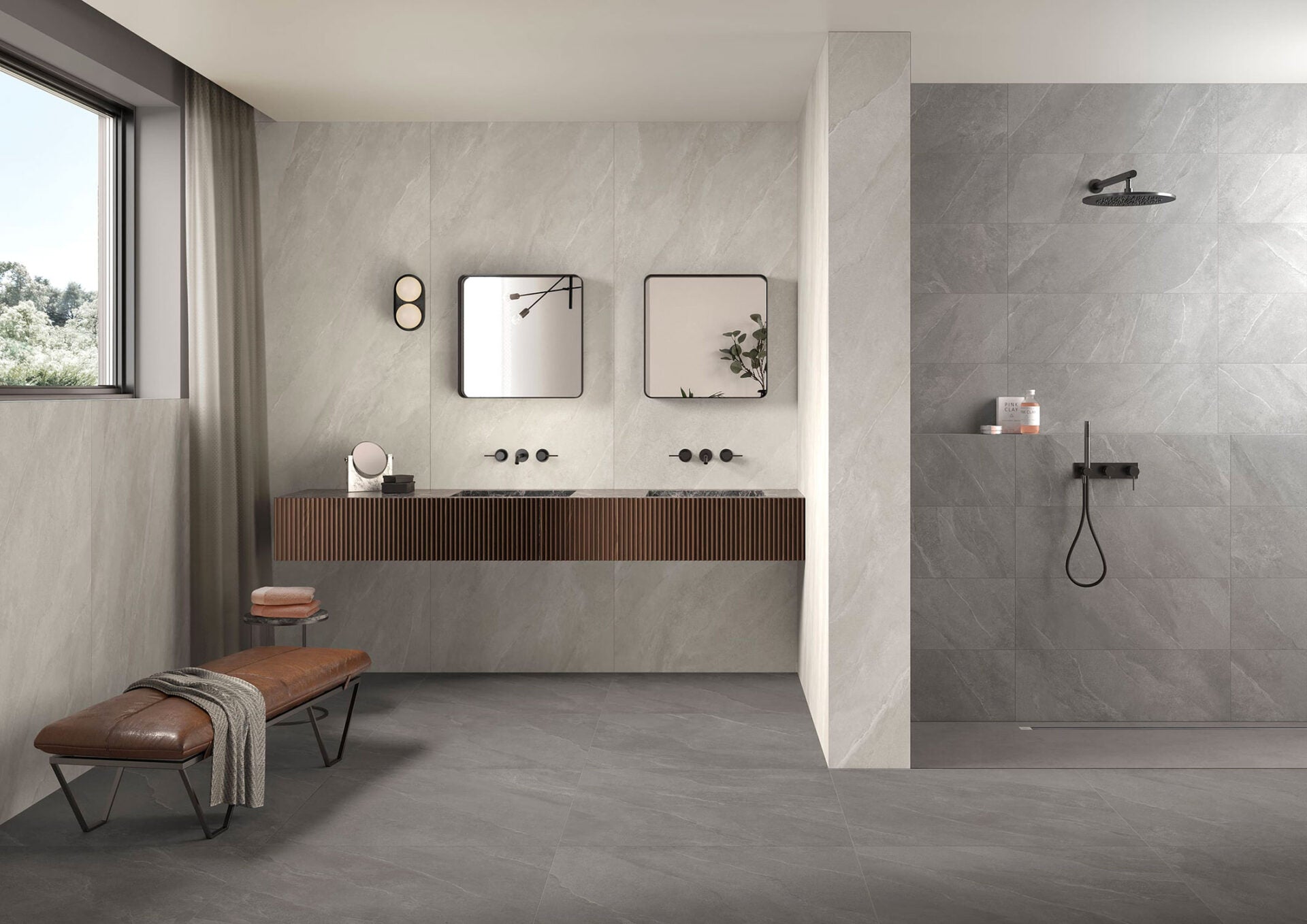 Modern bathroom and living with 600x600 Titanium stone look tile walls and floors. Melbourne, Geelong, Shepparton, Ballarat, Bendigo, Mornington, Bellarine, Peninsula tiles. Victoria and Nationwide Delivery. Australia.