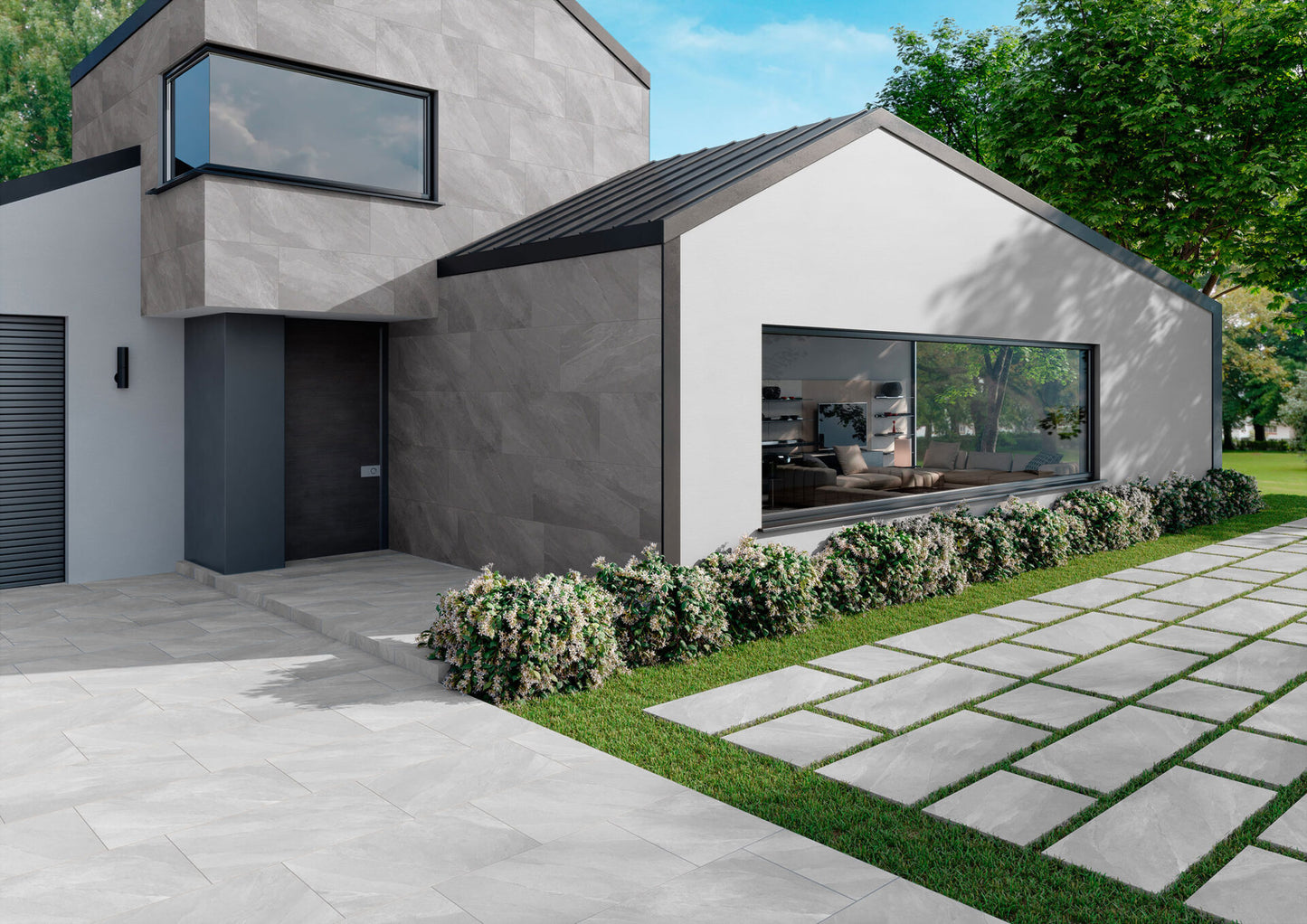 Modern bathroom and living with 600x600 Titanium stone look tile walls and floors. Melbourne, Geelong, Shepparton, Ballarat, Bendigo, Mornington, Bellarine, Peninsula tiles. Victoria and Nationwide Delivery. Australia.