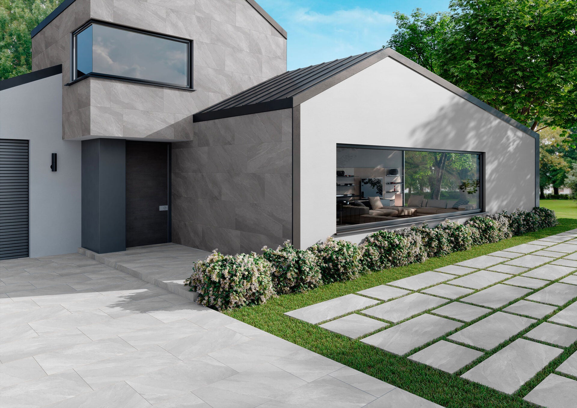 Modern bathroom and living with 600x600 Titanium stone look tile walls and floors. Melbourne, Geelong, Shepparton, Ballarat, Bendigo, Mornington, Bellarine, Peninsula tiles. Victoria and Nationwide Delivery. Australia.