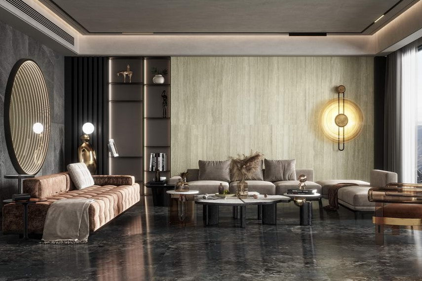 Modern living room with gray sofa, coffee table, and decorative elements. Modern bathroom and living with 600x1200 Travertine look tile walls and floors. Melbourne, Geelong, Shepparton, Ballarat, Bendigo, Mornington, Bellarine, Peninsula tiles. Victoria and Nationwide Delivery. Australia.